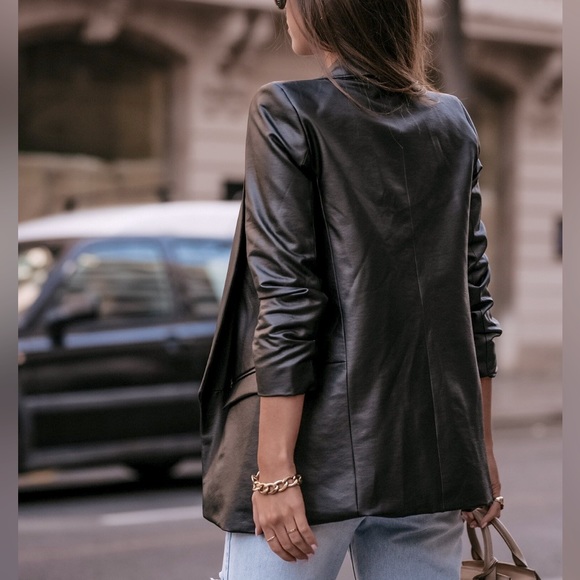 Blazer | Faux Leather Open Front - Black - Picture 2 of 4